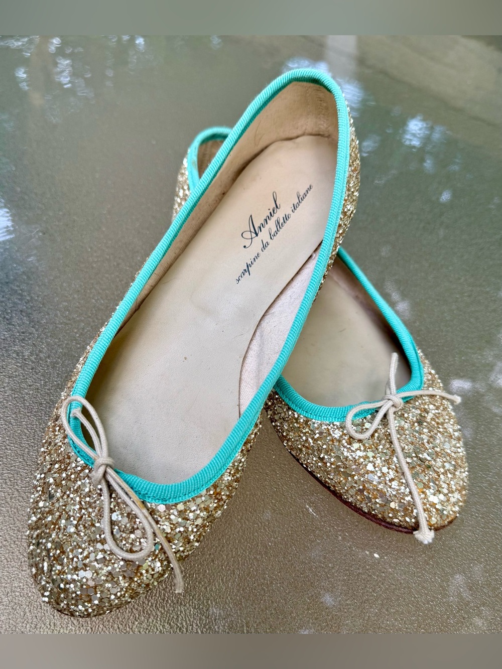 Handcrafted Ballet Flats Anniel Italy Leather & ~ Glitter ~ $218 Retail